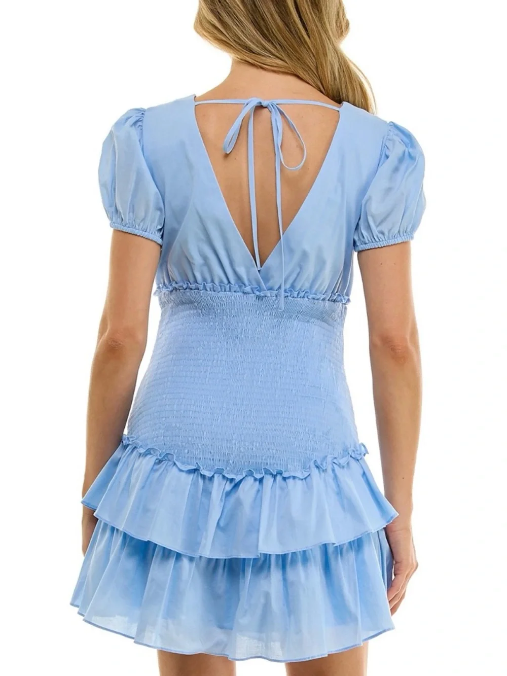 Juniors 3/4 Light Blue Smocked Ruffle Mini Dress